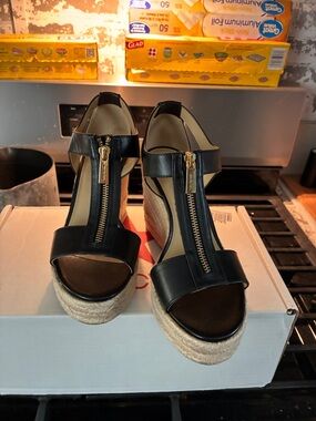 Michael Kors Black Leather Espadrille Wedge Sandals with Gold Zipper